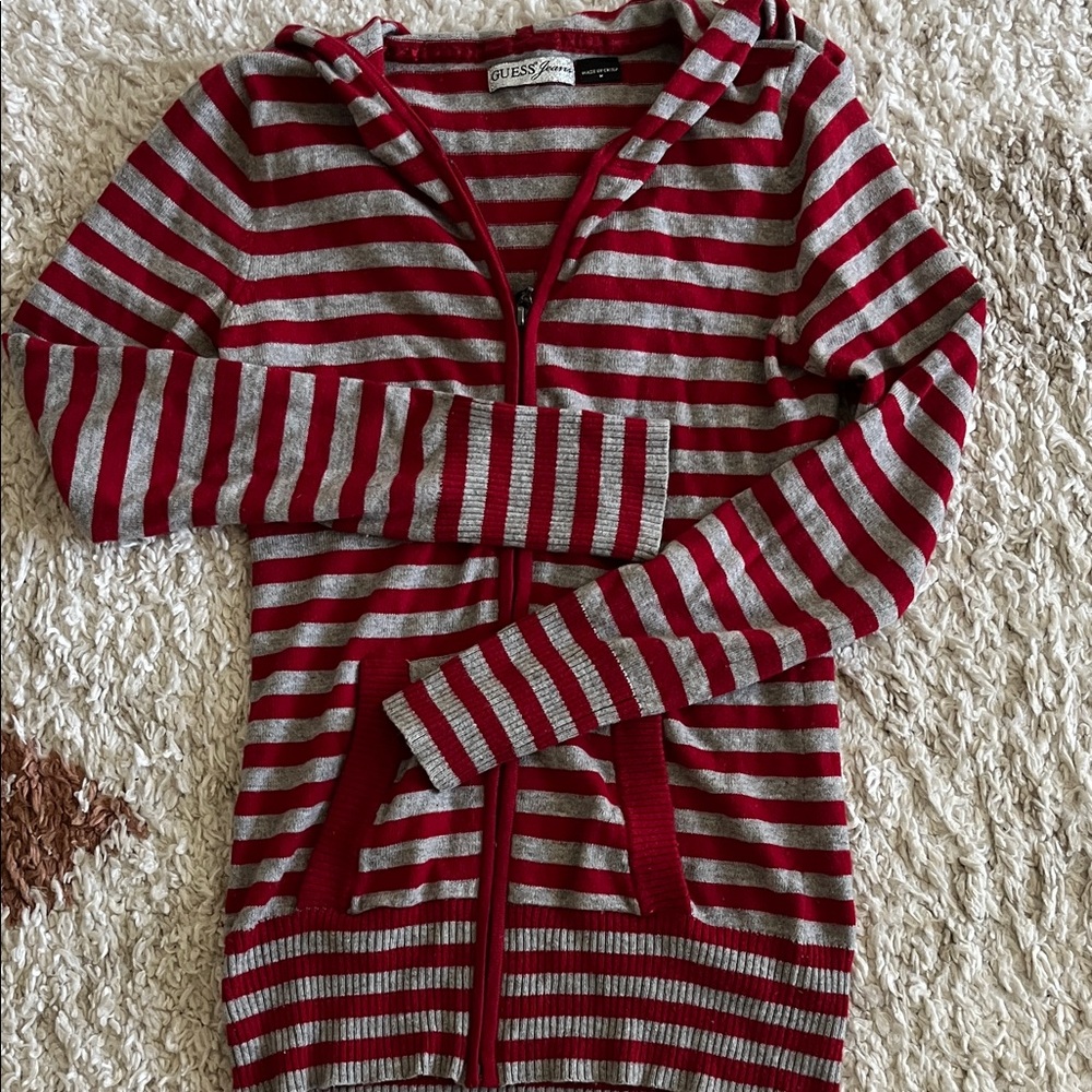 Guess Women's Red and Gray Striped Cardigan